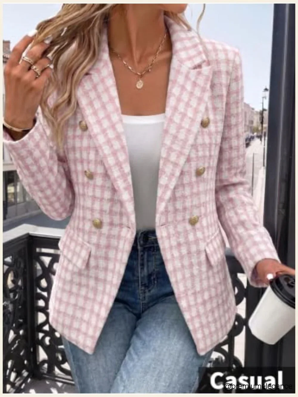 Tweed Plaid Double-Breasted Blazer Jacket Business Casual Office